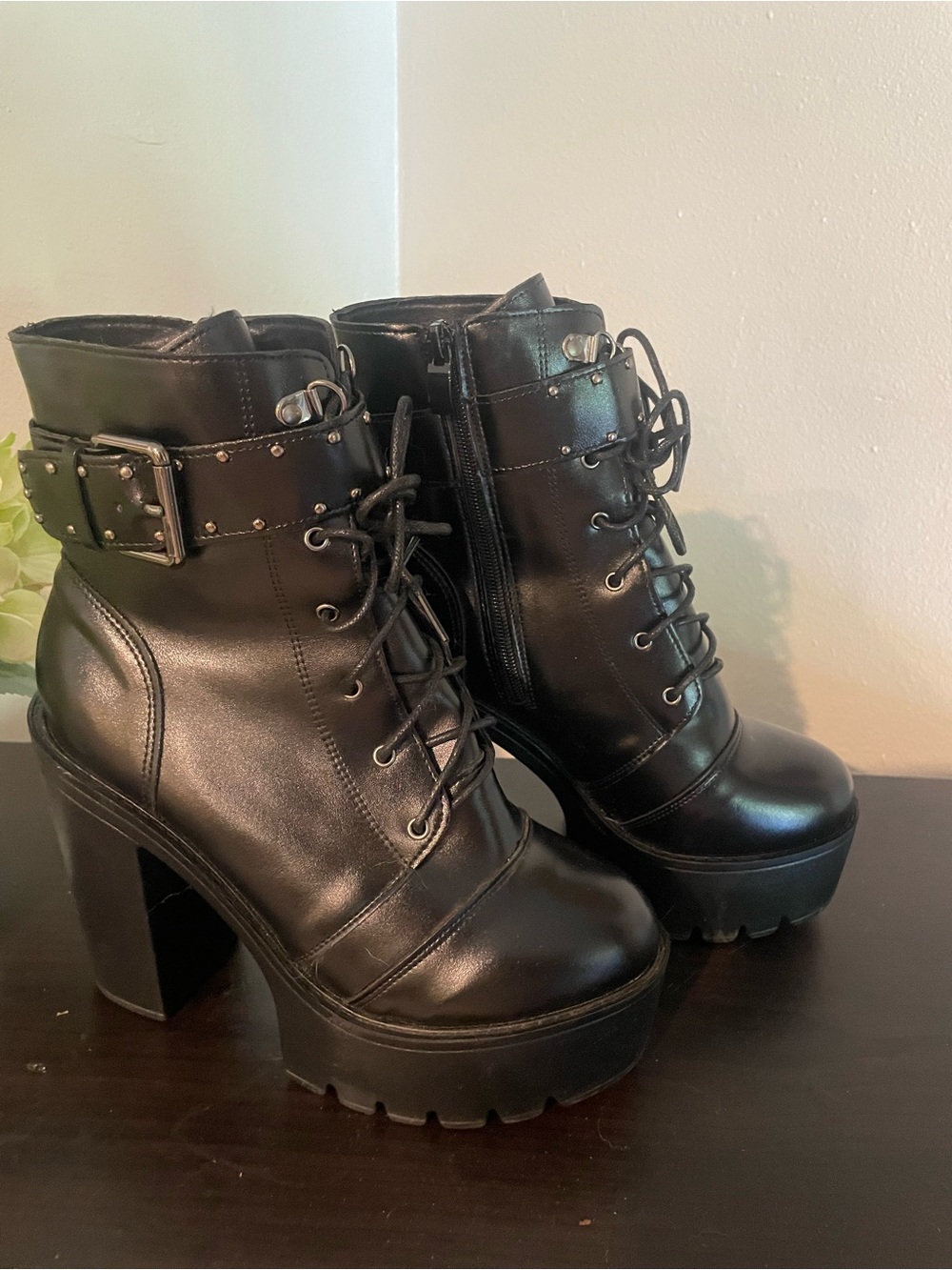 Black Chunky Lace-Up Platform Heeled Ankle Boots with Studded Buckle